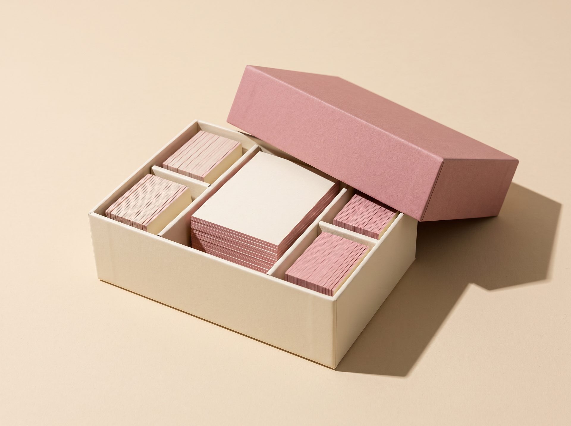 An open kit box with a dusty pink lid, its compartments holding stacks of pink-edged cards