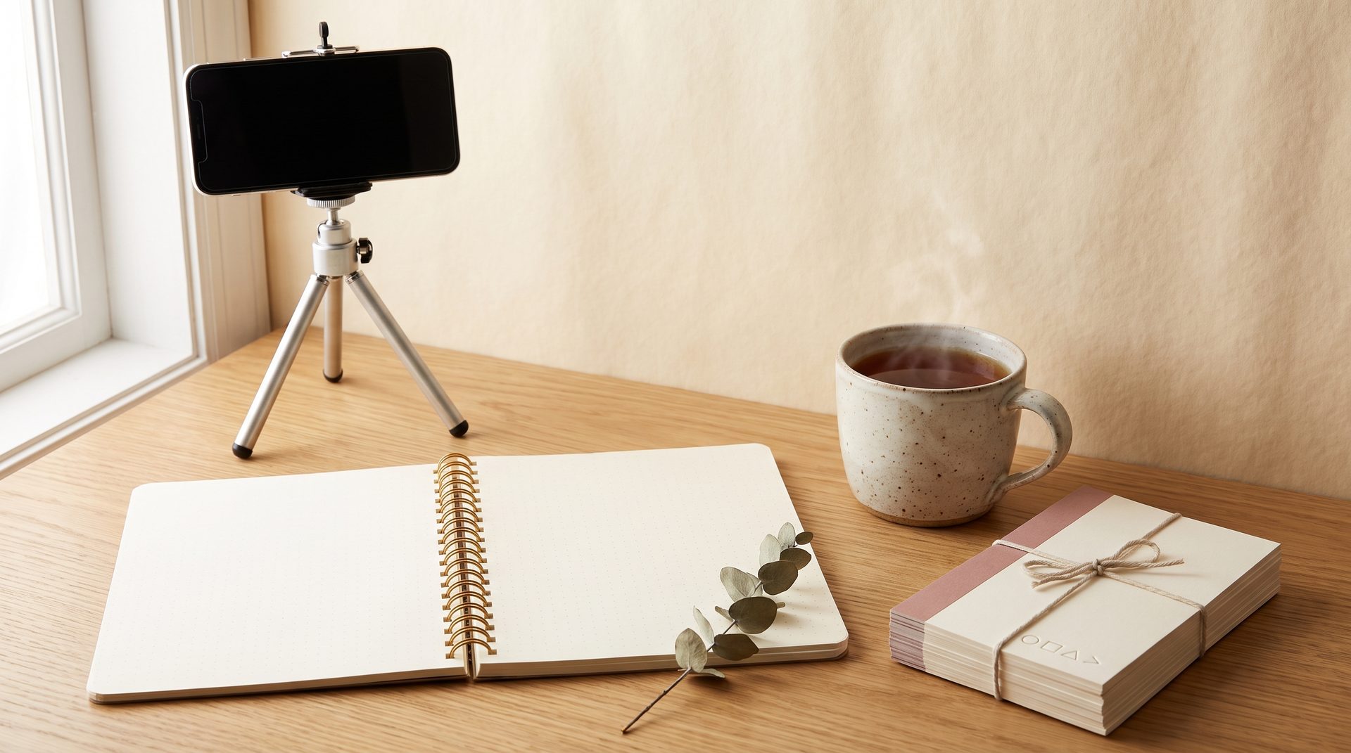A phone on a small tripod facing an open notebook, a mug of tea and a bundle of pink-edged cards on a wooden desk