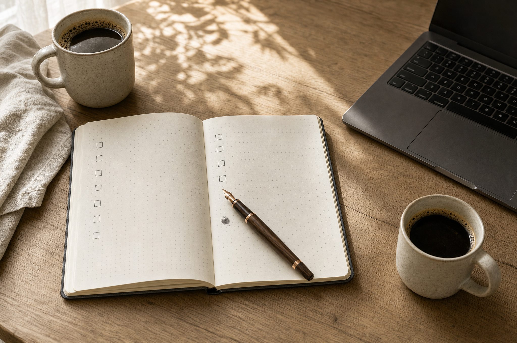 Sunlit wooden desk with an open notebook of empty checkboxes, a fountain pen, two cups of coffee and a laptop