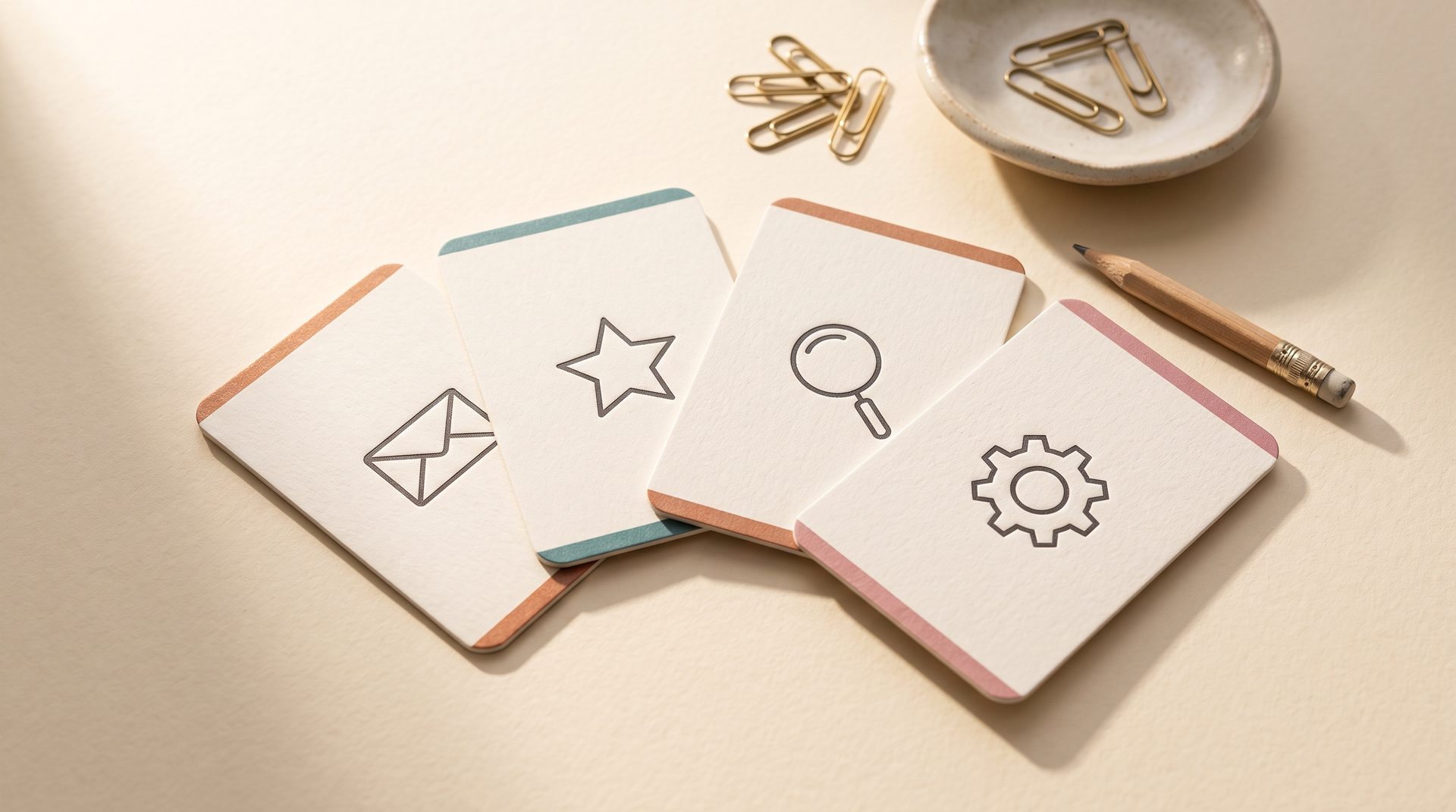 Four cards fanned out with teal, copper and pink painted edges, beside a pencil and brass paperclips