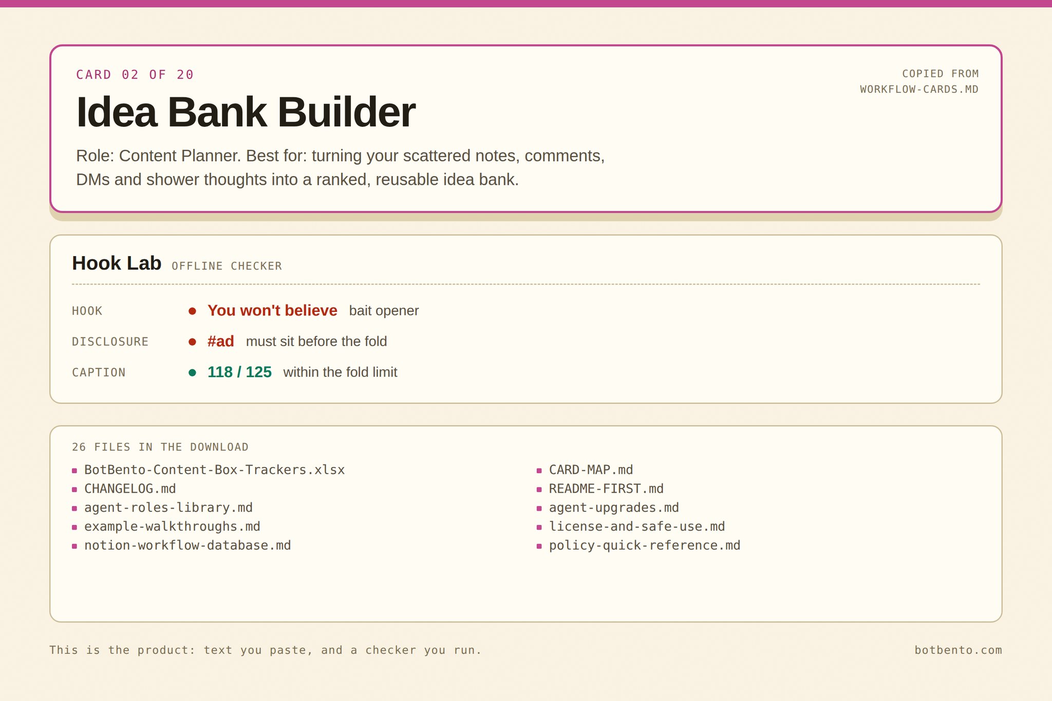 Workflow card 02, Idea Bank Builder, shown as it appears in the kit, above a Hook Lab readout flagging a bait opener and a missing disclosure
