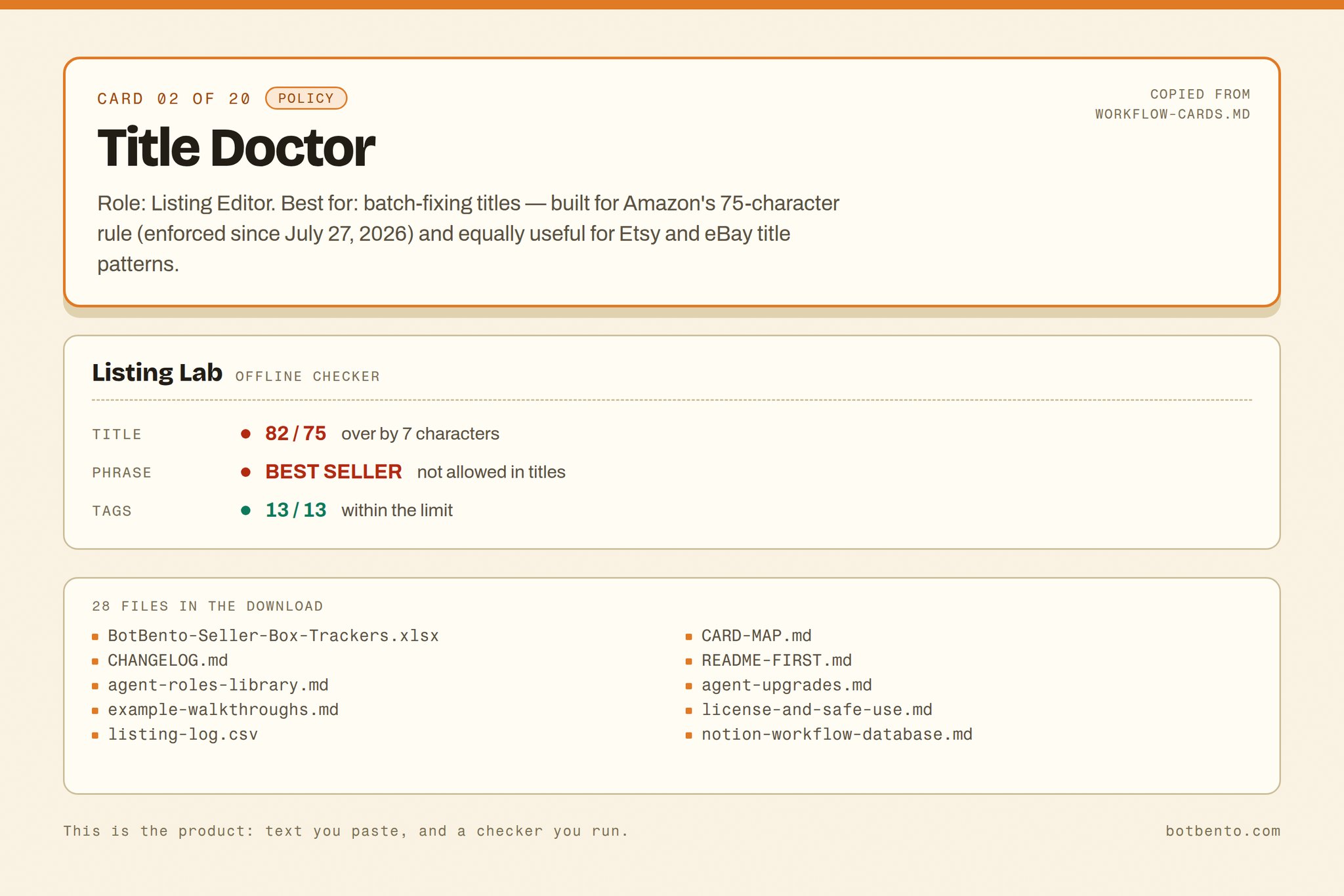 Workflow card 02, Title Doctor, shown as it appears in the kit, above a Listing Lab readout