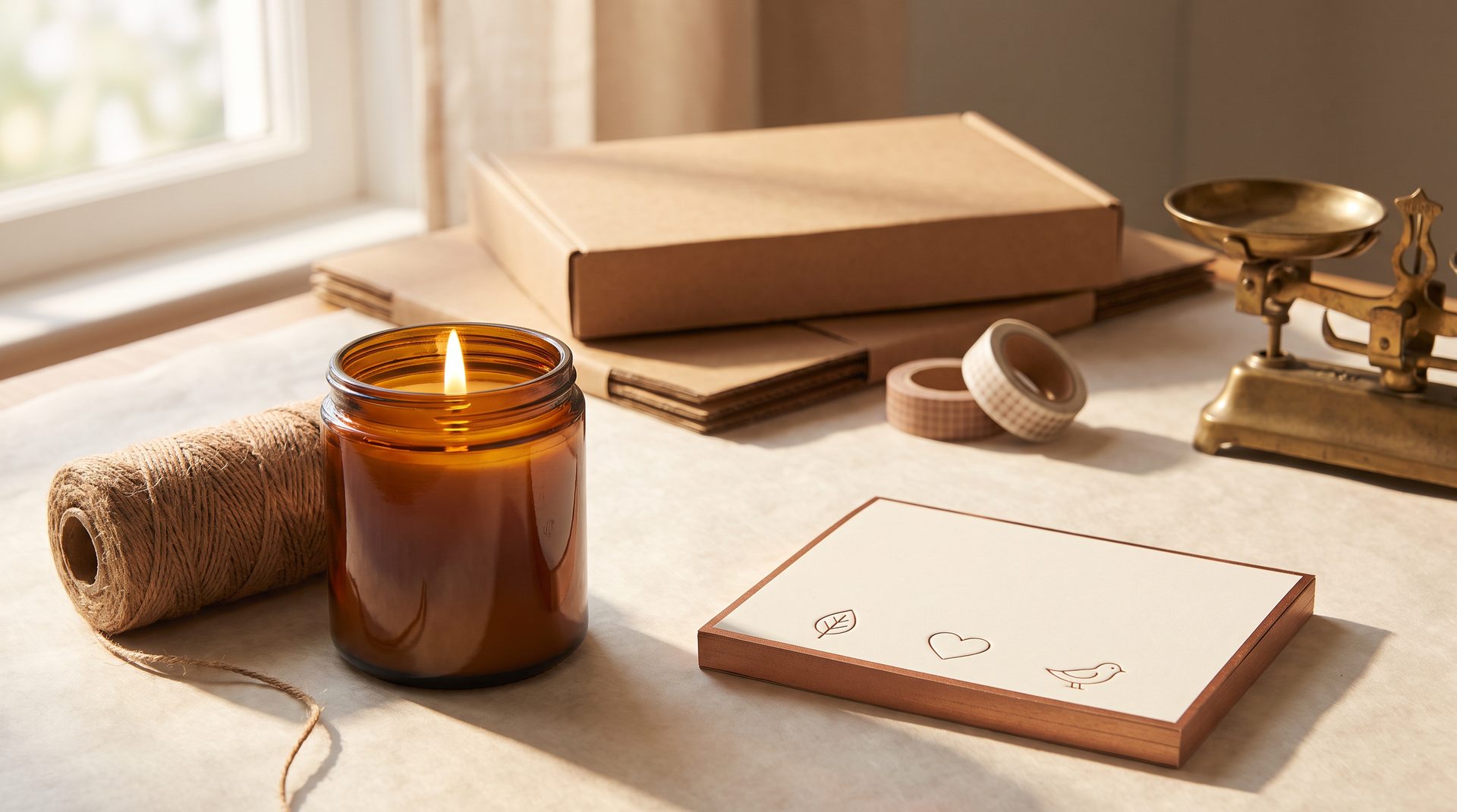 A packing desk: a candle, kraft mailer boxes, twine and a small brass scale on warm paper