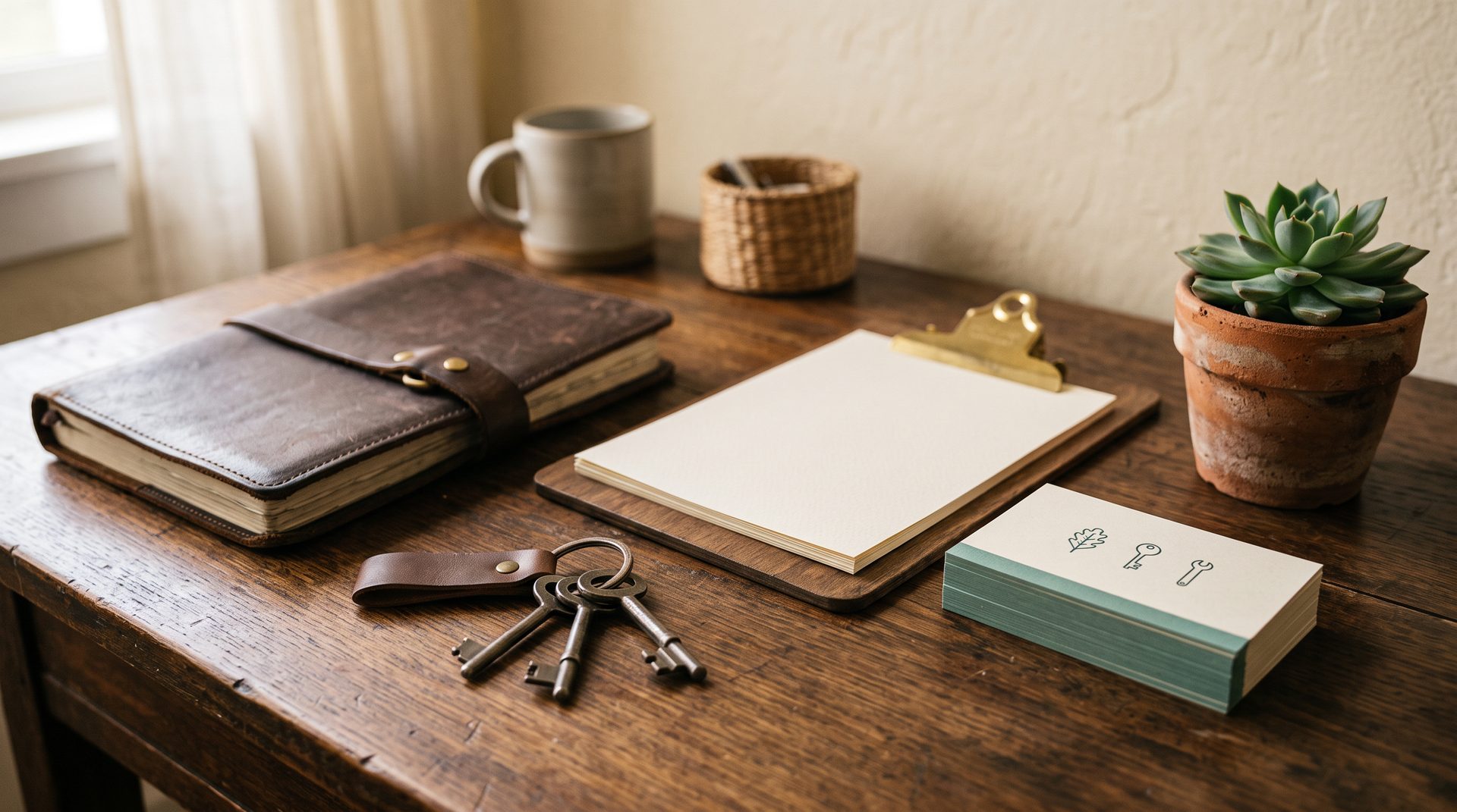 A worn wooden desk with a leather appointment diary, a brass-clipped clipboard, a bunch of keys, a mug and a stack of teal-edged cards.