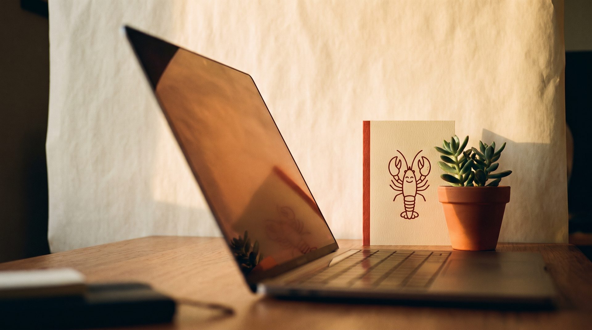 A laptop open at an angle on a warm paper desk, a red-edged prompt card propped beside it