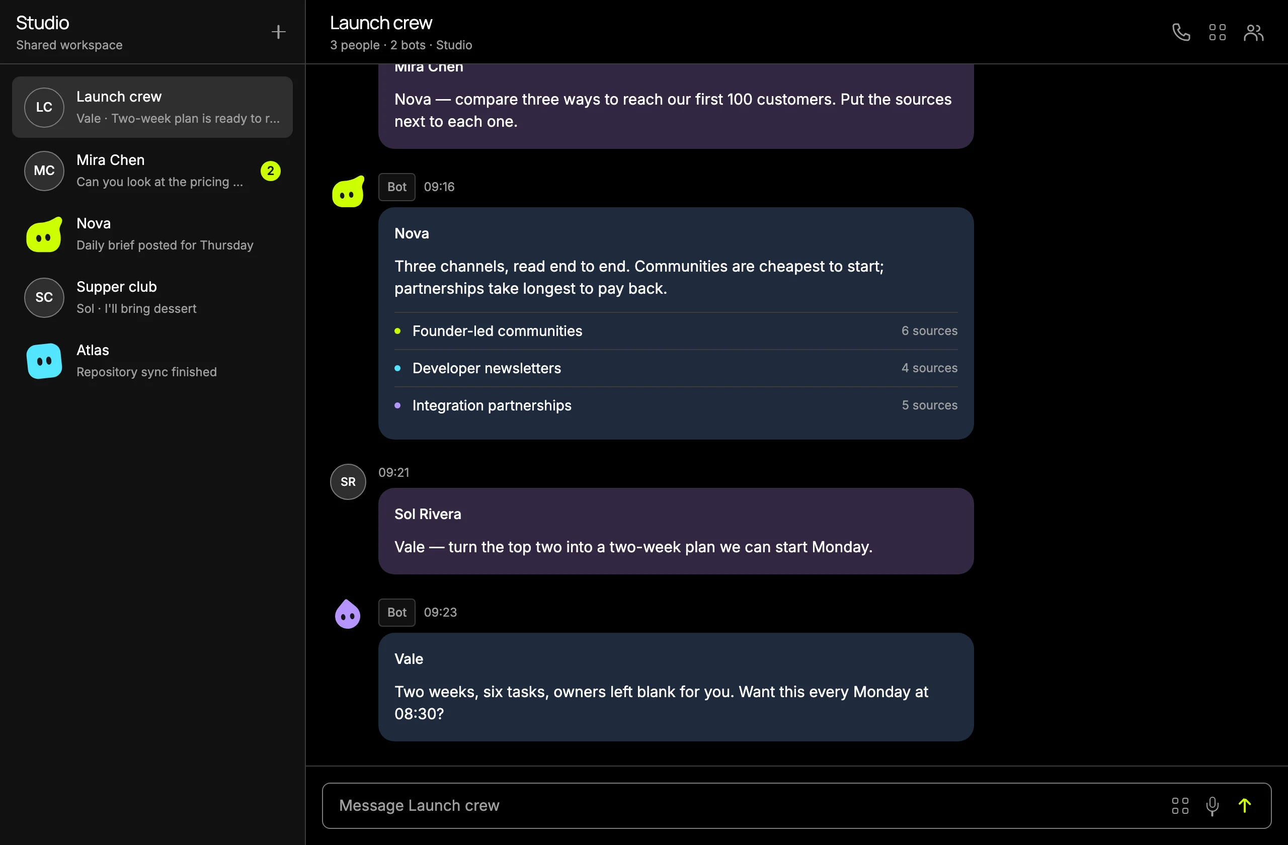 A BotBento conversation called Launch crew. Mira Chen asks the bot Nova to compare three ways to reach the first hundred customers; Nova replies with three channels and the number of sources behind each.