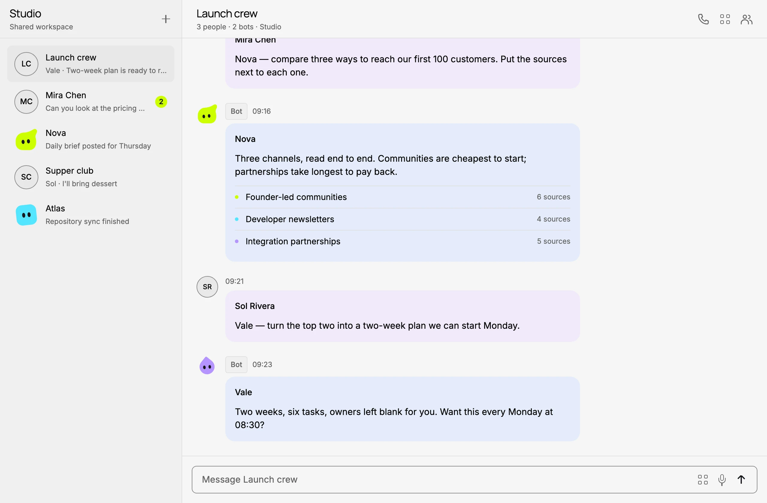 A BotBento conversation called Launch crew. Mira Chen asks the bot Nova to compare three ways to reach the first hundred customers; Nova replies with three channels and the number of sources behind each.