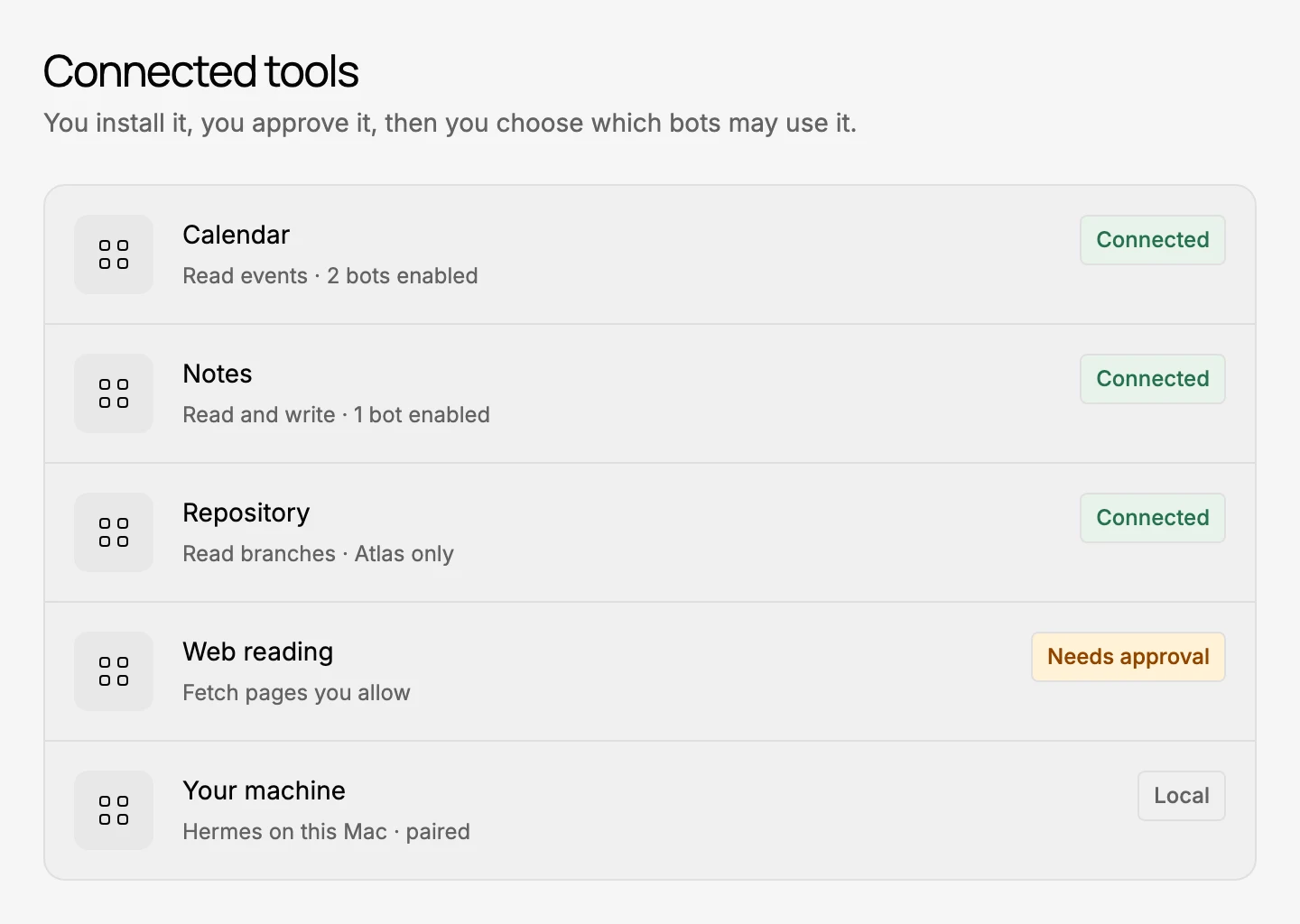 A connected tools list showing Calendar, Notes and a repository marked connected, web reading needing approval, and a local machine paired through Hermes.