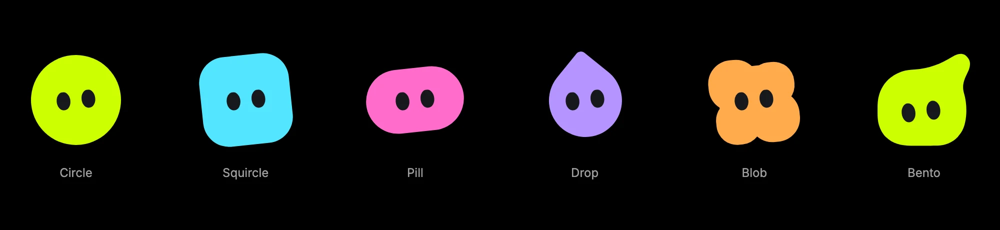 The six bot shapes drawn by BotBento: an acid circle, a cyan squircle, a pink pill, a lilac drop, a tangerine blob and an acid Bento, each with two oval eyes.