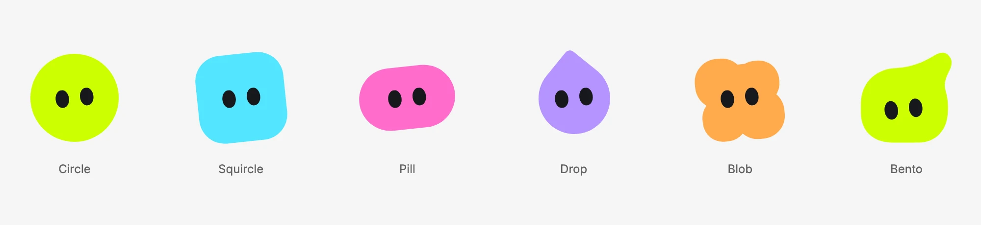 The six bot shapes drawn by BotBento: an acid circle, a cyan squircle, a pink pill, a lilac drop, a tangerine blob and an acid Bento, each with two oval eyes.